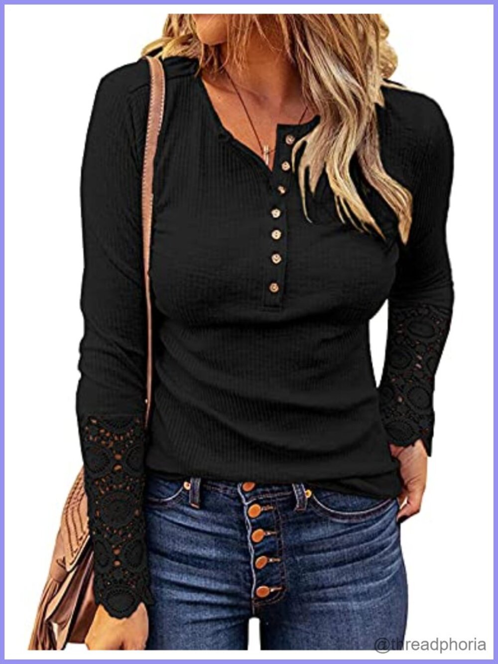 Women's Long Sleeve Lace V Neck Button Down Henley Tunic Top